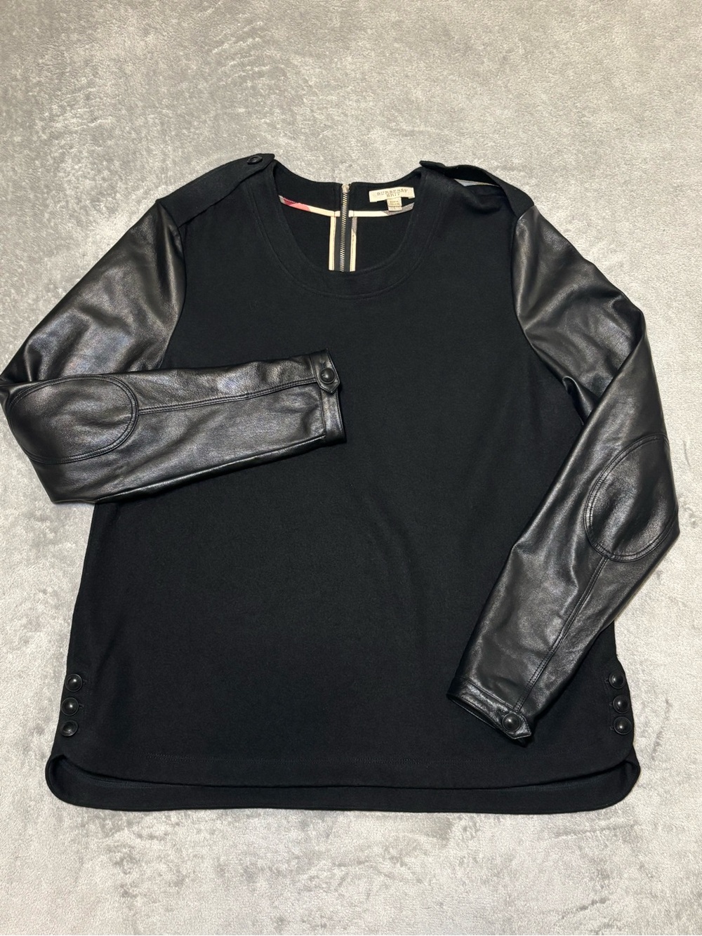 Burberry Brit Wool & Lambskin Leather Sleeve Top Black L Nova Check Zip